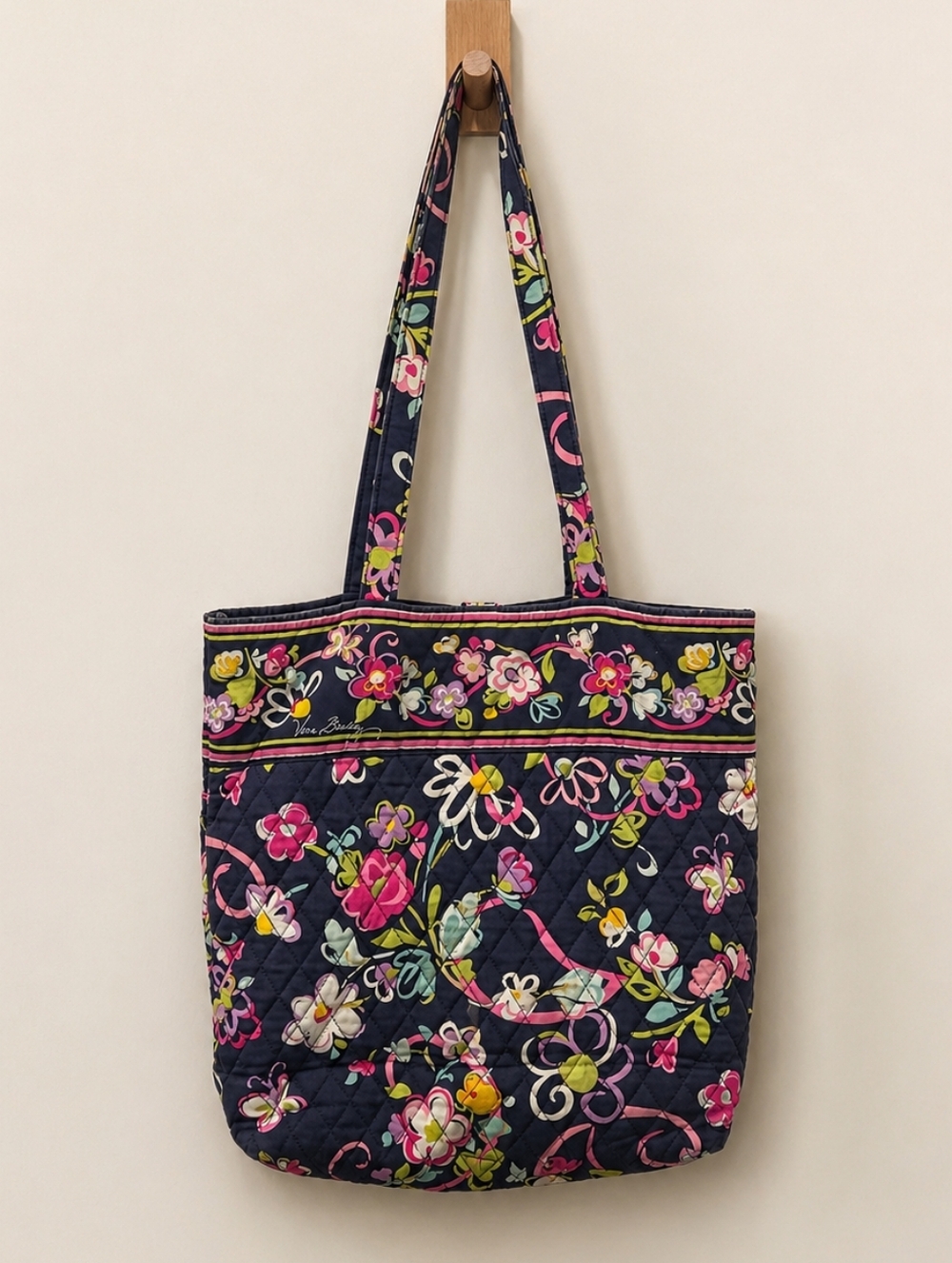 Vera Bradley Navy Cotton Quilted Tote Bag  With Floral Pink & Green Accents